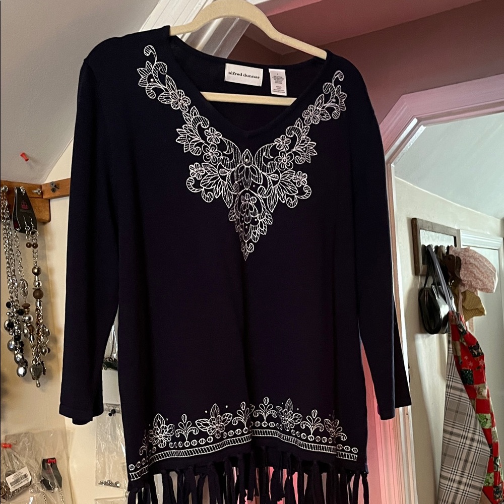 Alfred Dunner Navy Top with White Accents